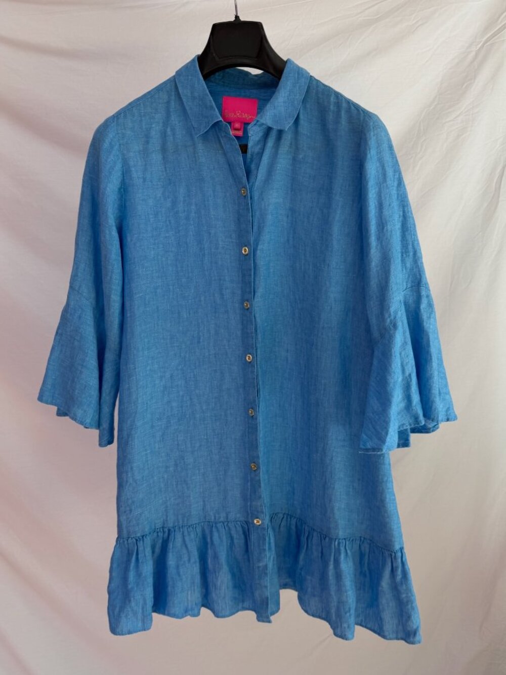 LILLY PULITZER Blue Linley 100% Linen Ruffled Button-Down Coverup Tunic Size M - Picture 2 of 10